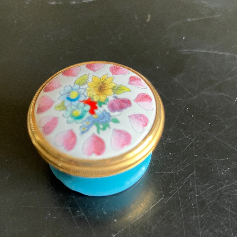 Vintage Floral Enamel Trinket Box - Blue & Gold